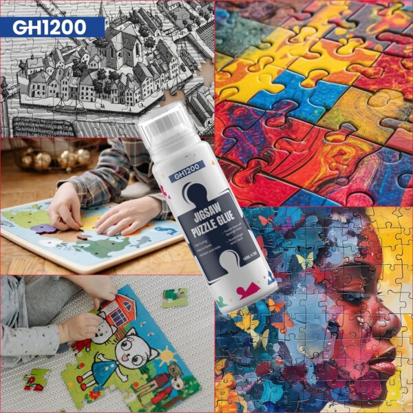 Collage showing GH1200 glue used on various puzzle types including kids puzzles, wooden puzzles, and colorful large-piece puzzles