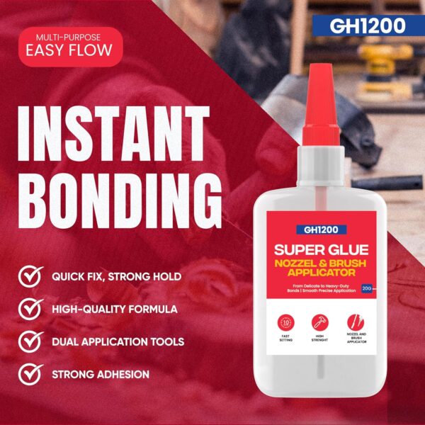 GH1200 super glue bottle showing anti-clog cap design to prevent nozzle blockages after use
