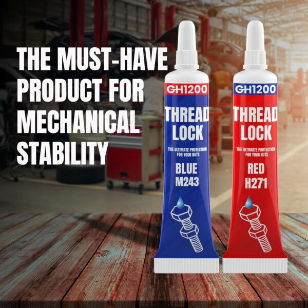 GH1200 thread locker blue and red variants showcased in workshop setting for mechanical and automotive use