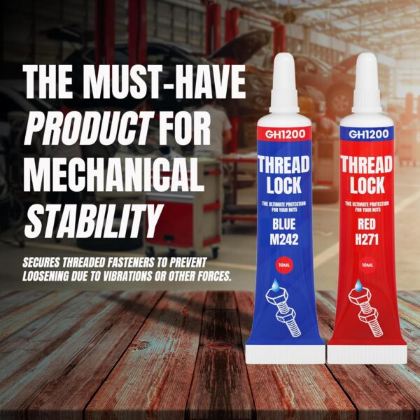 GH1200 blue and red thread locker tubes shown in a mechanic shop to secure fasteners against loosening