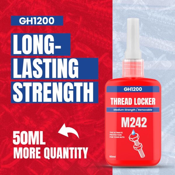 Marketing graphic underscoring the larger 50 ML bottle size for GH1200 Red 242 medium-strength thread locker