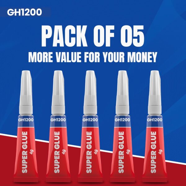 GH1200 Super Glue Pack – 5 Tubes Laid Out Showing Anti-Clog Features