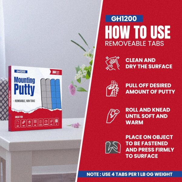 GH1200 sticky tack how-to chart with icons showing putty application steps for posters, frames, and lightweight decor