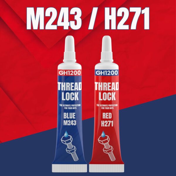 Visual of GH1200 M243 blue and H271 red thread locker tubes designed for sealing threaded metal assemblies