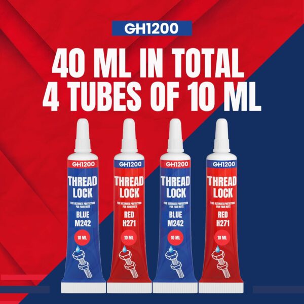 Four 10ML tubes of GH1200 thread locker in red and blue with text showing total 40ML volume