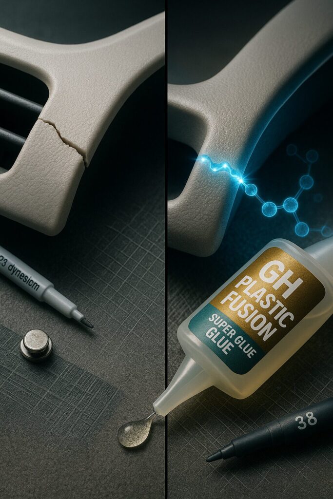 How to Bond Plastic with GH1200 Super Glue: Permanent Repairs in Under 60 Seconds 1 GH1200 Plastic Fusion Super Glue bonding polypropylene car dashboard trim with molecular polymer chains (bond plastic)