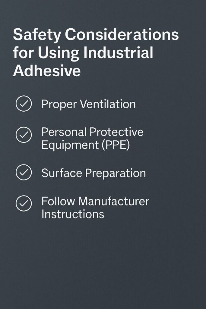 Can You Use Industrial Adhesive for Household Repairs Safely? 1 Informational graphic listing safety considerations for using industrial adhesive, including proper ventilation, personal protective equipment, surface preparation, and following manufacturer instructions on a dark background.