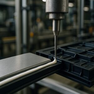 Industrial adhesive products organized on a storage shelf with expiration dates labeled for adhesive shelf life management