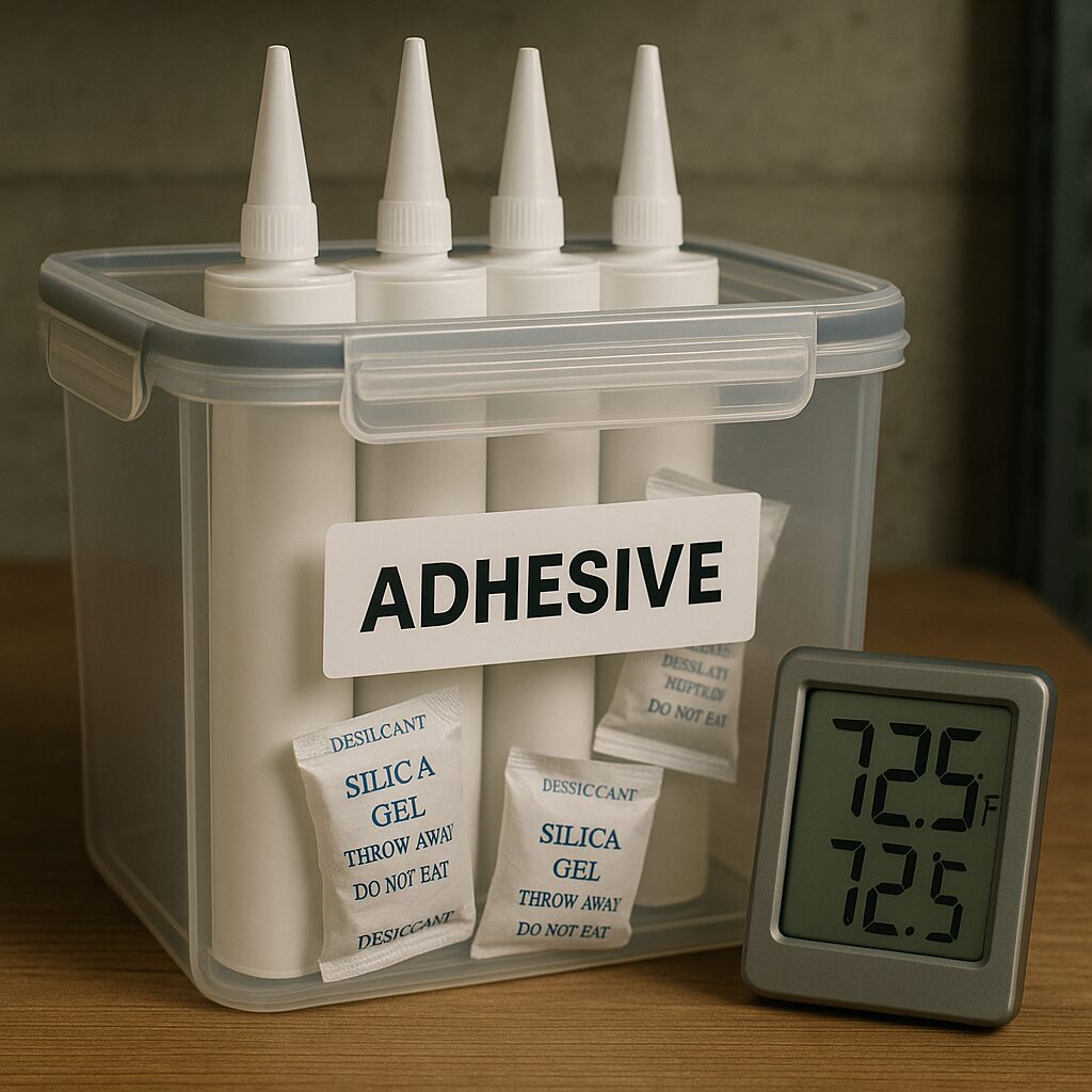 Understanding Adhesive Shelf Life and Safe Storage Tips 1 Close-up of adhesives stored in an airtight container with silica gel and thermometer for maintaining adhesive shelf life