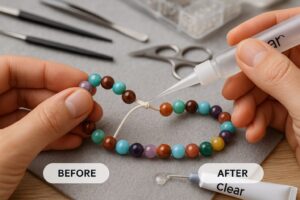 "Close-up of hands applying clear jewelry glue to a knotted elastic cord bracelet using a fine-tip applicator. The bracelet features colorful round beads, and the background includes a beading mat, scissors, tweezers, and other jewelry-making tools. Ideal for DIY jewelry glue repair tutorials."