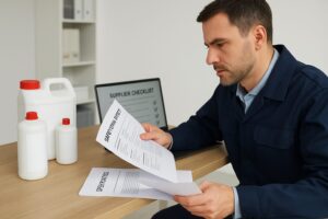 Industrial buyer evaluating adhesive supplier documents and product certifications in a manufacturing office setting, representing B2B adhesive procurement.