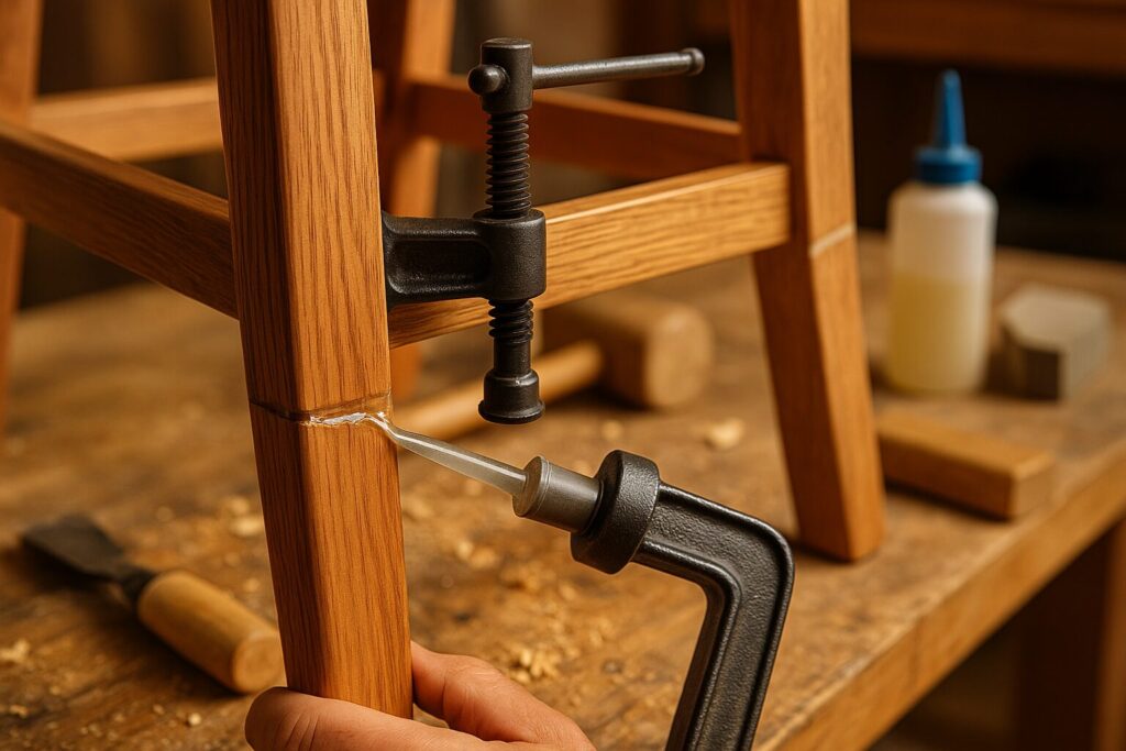 Fix a wooden chair without nails using clear epoxy adhesive — close-up of chair leg repair with a clamp holding the joint, epoxy being applied in a woodworking workshop with tools in the background.