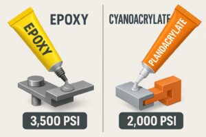 Epoxy vs. super glue strength comparison visual with materials