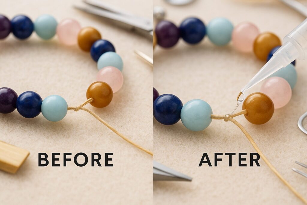 How to Secure Knots with Jewelry Glue 1 Side-by-side close-up comparison of a beaded bracelet knot before and after applying jewelry glue. The 'Before' side shows a loose, exposed knot; the 'After' side displays a neatly sealed knot with clear glue applied using a needle-tip applicator. Set on a soft beige mat with jewelry glue withh tools in the background.