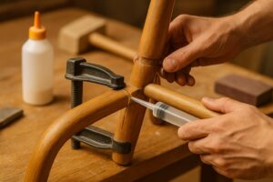Hands applying epoxy glue to a broken wooden chair joint, with a clamp securing the repair in a home workshop.