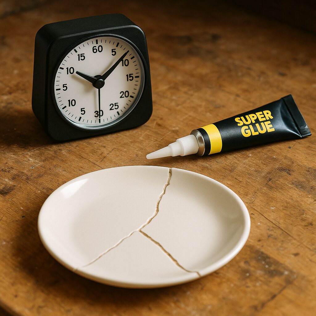 Drying time of super glue on plastic, metal, wood, and glass