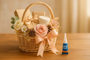 Personalized gift basket decorated with glued flowers, ribbons, and charms using super glue